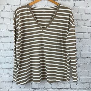 MNG BY MANGO Striped V Neck Top Tan White Long Sleeve 2X